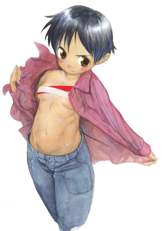 satou toshiyuki, 1girl, black hair, blush, brown eyes, denim, female focus, jeans, pants, short hair, solo, undressing