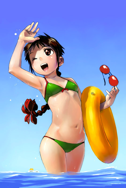 satou toshiyuki, original, 1girl, bikini, blush, braid, brown eyes, child, day, female focus, green bikini, holding, holding removed eyewear, holding swim ring, innertube, long hair, ocean, outdoors, solo, sun, sunglasses, swim ring, swimsuit, unworn eyewear, wading