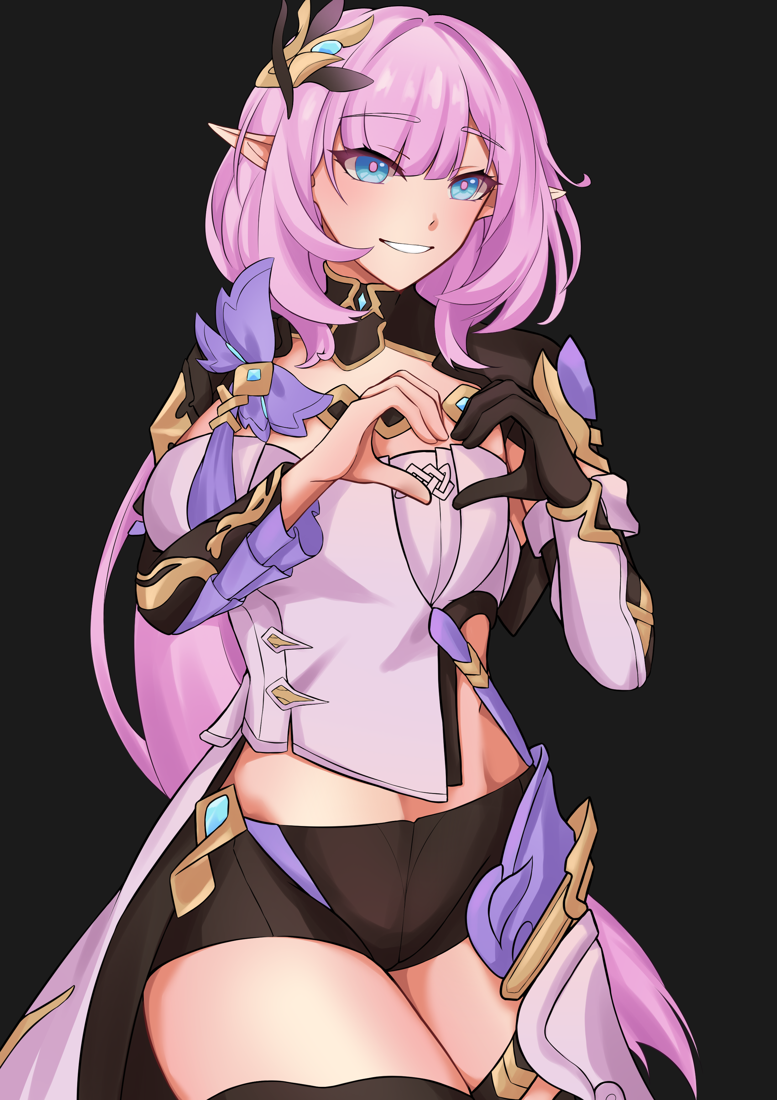 pyeong il, elysia (honkai impact), elysia (miss pink elf) (honkai impact), honkai (series), honkai impact 3rd, absurdres, commentary request, highres, korean commentary, 1girl, black gloves, black shorts, black shrug, blue eyes, breasts, corset, elf, gloves, hair ornament, heart, heart hands, large breasts, long hair, looking at viewer, pink hair, pointy ears, short shorts, shorts, shrug (clothing), simple background, single glove, solo, very long hair, white corset