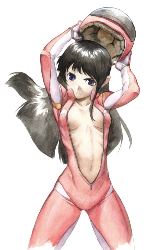 satou toshiyuki, 1girl, black hair, blue eyes, bodysuit, breasts, center opening, cleavage, female focus, helmet, long hair, solo, unzipped