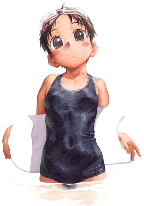 satou toshiyuki, black one-piece swimsuit, blush, brown eyes, brown hair, child, goggles, kickboard, one-piece swimsuit, pool, school swimsuit, simple background, solo, swimsuit, wading, white background
