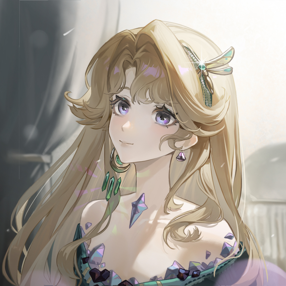 qingyi jiang, reverse:1999, commentary request, 1girl, bare shoulders, beryl bouanich, blonde hair, blue eyes, blurry, blurry background, crescent, crescent earrings, crystal earrings, curtains, dragonfly hair ornament, earrings, floating earrings, jewelry, long hair, looking up, mismatched earrings, off shoulder, portrait, sky, smile, solo, white sky