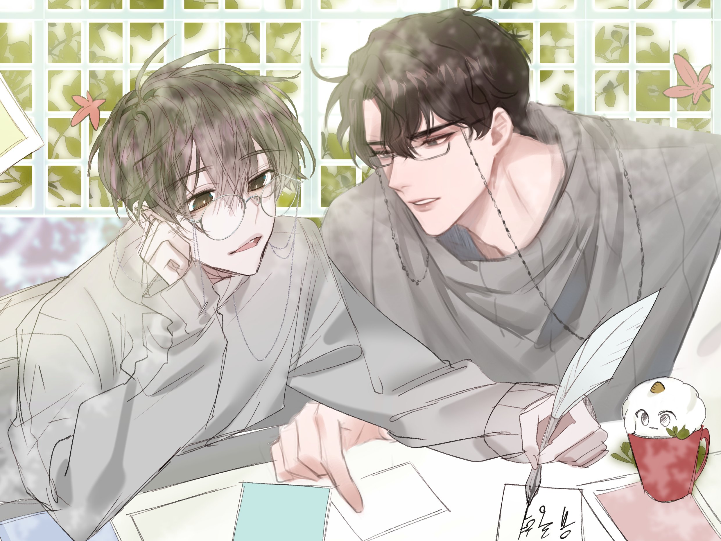 hayu beck, biyoo (omniscient reader's viewpoint), kim dokja, yoo joonghyuk, omniscient reader's viewpoint, commentary request, highres, korean commentary, translation request, 2boys, adjusting eyewear, alternate costume, black hair, cup, curtained hair, glasses, grey shirt, grey sweater, hair between eyes, holding, holding quill, korean text, male focus, multiple boys, parted lips, quill, shirt, short hair, steam, sweater, upper body