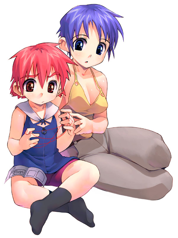 satou toshiyuki, original, 2girls, blue eyes, blue hair, breasts, brown eyes, child, cleavage, multiple girls, red hair, short hair, sitting, socks