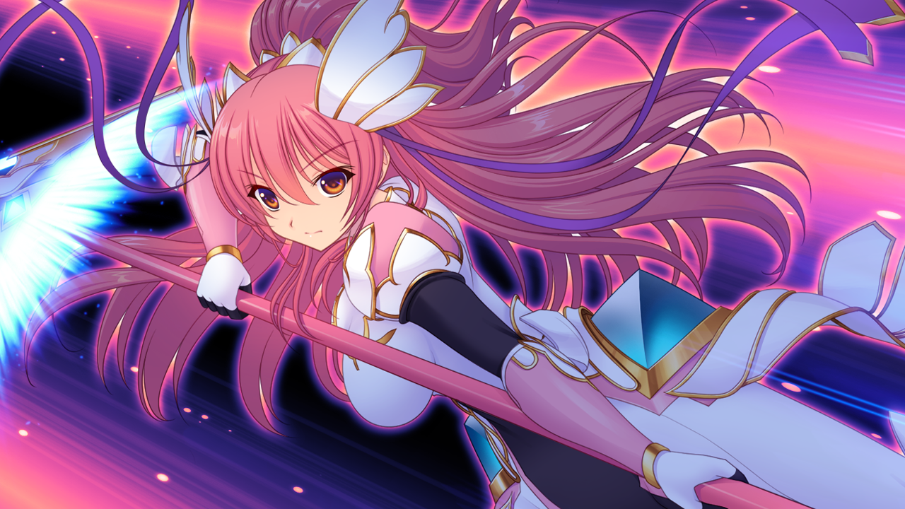 saitou natsuki, suhamaya, en ciel rena, en ciel rena (aegis), tomoe rena, kourin tenshi en ciel rena, game cg, large variant set, non-web source, official art, variant set, 1girl, armor, bodysuit, breasts, brown eyes, closed mouth, faulds, floating hair, gauntlets, gloves, hair between eyes, hair ornament, hair ribbon, holding, holding polearm, holding weapon, large breasts, long hair, looking at viewer, magical girl, orange eyes, pink hair, polearm, purple ribbon, red hair, ribbon, solo, spear, very long hair, weapon