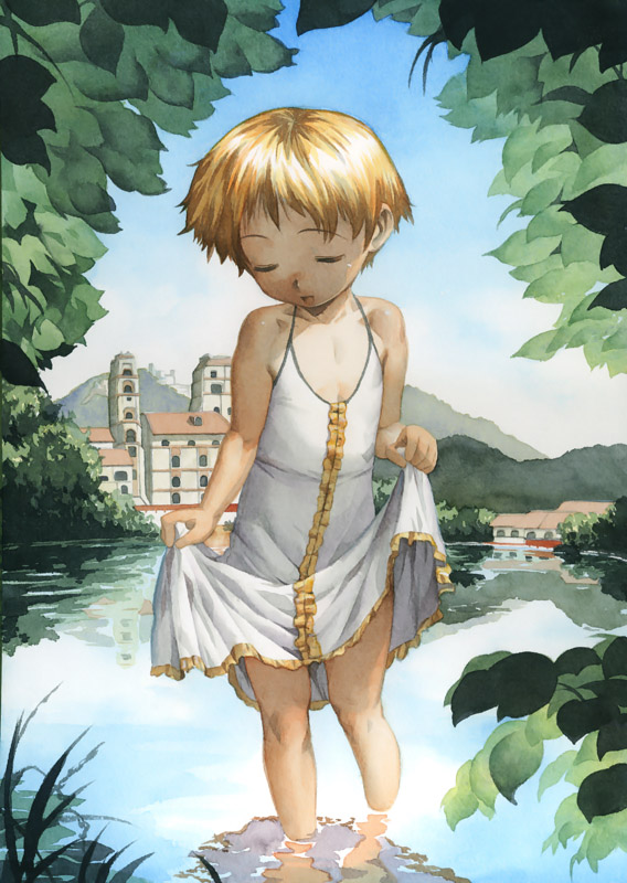 satou toshiyuki, barefoot, brown hair, child, city, clothes lift, day, dress, dress lift, nature, outdoors, short hair, skirt hold, solo, standing, water