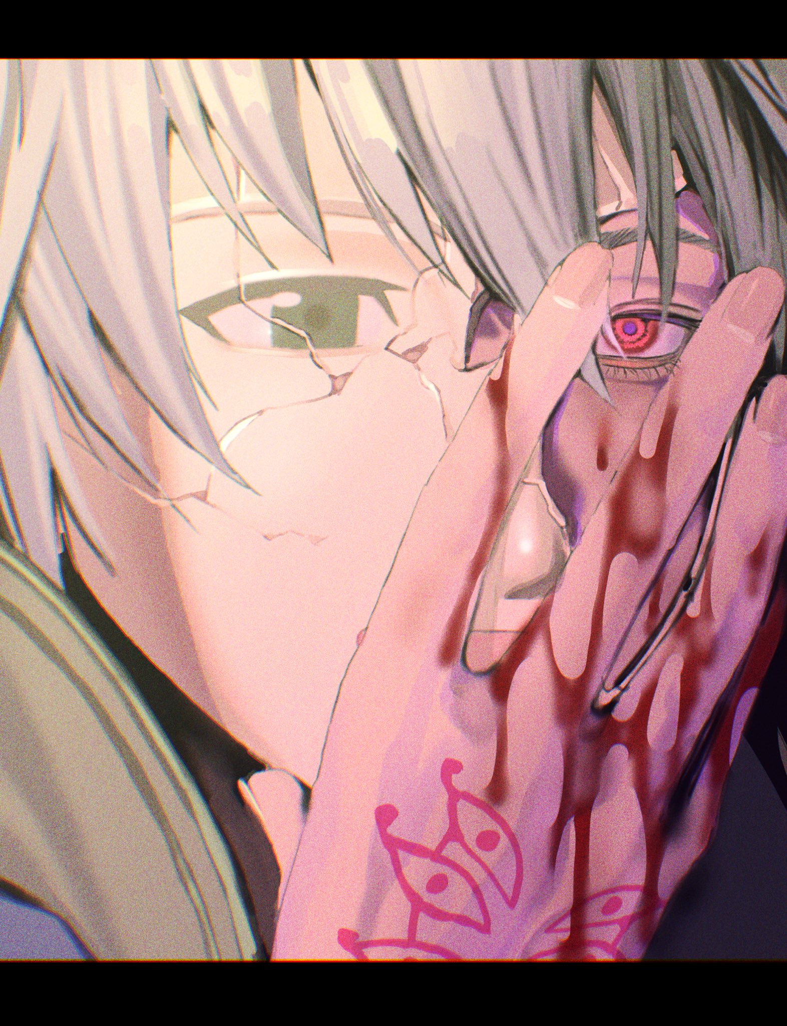 tsujii luki, male robin (fire emblem), male robin (grima) (fire emblem), fire emblem, fire emblem awakening, nintendo, commentary request, highres, 1boy, blood, blood on hands, brown eyes, close-up, cracked kawaii mask, cracked mask, dark persona, eyes of grima, hand on own face, letterboxed, male focus, red eyes, short hair, solo, white hair