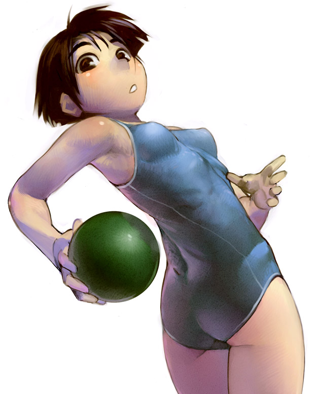 satou toshiyuki, 1girl, armpits, ass, ball, blush, breasts, brown eyes, brown hair, cowboy shot, female focus, leotard, muscular, one-piece swimsuit, short hair, simple background, solo, swimsuit, white background