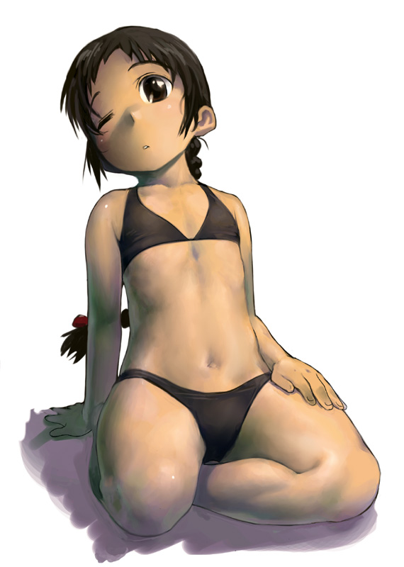 satou toshiyuki, original, 1girl, bikini, black bikini, braid, brown eyes, brown hair, child, female focus, full body, kneeling, long hair, simple background, solo, swimsuit, white background