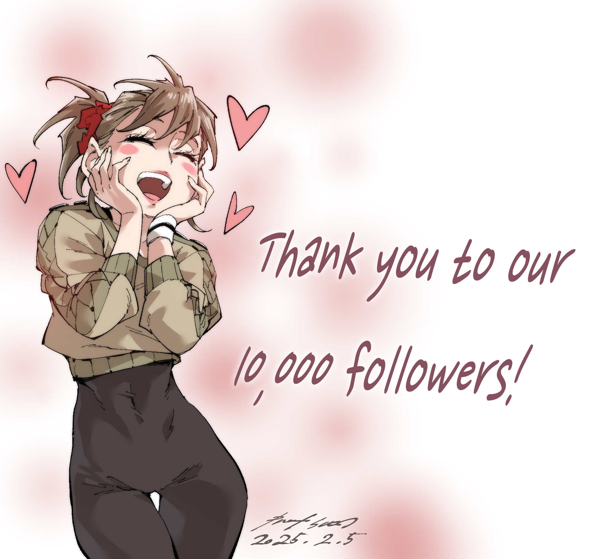 nabipenciller, original, commentary, english commentary, highres, 1girl, black unitard, brown hair, closed eyes, covered navel, happy, heart, milestone celebration, open mouth, ponytail, smile, solo, sweater, thigh gap