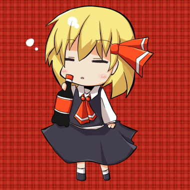 mesia, rumia, embodiment of scarlet devil, touhou, lowres, 1girl, blonde hair, bottle, chibi, closed eyes, female focus, full body, solo, standing