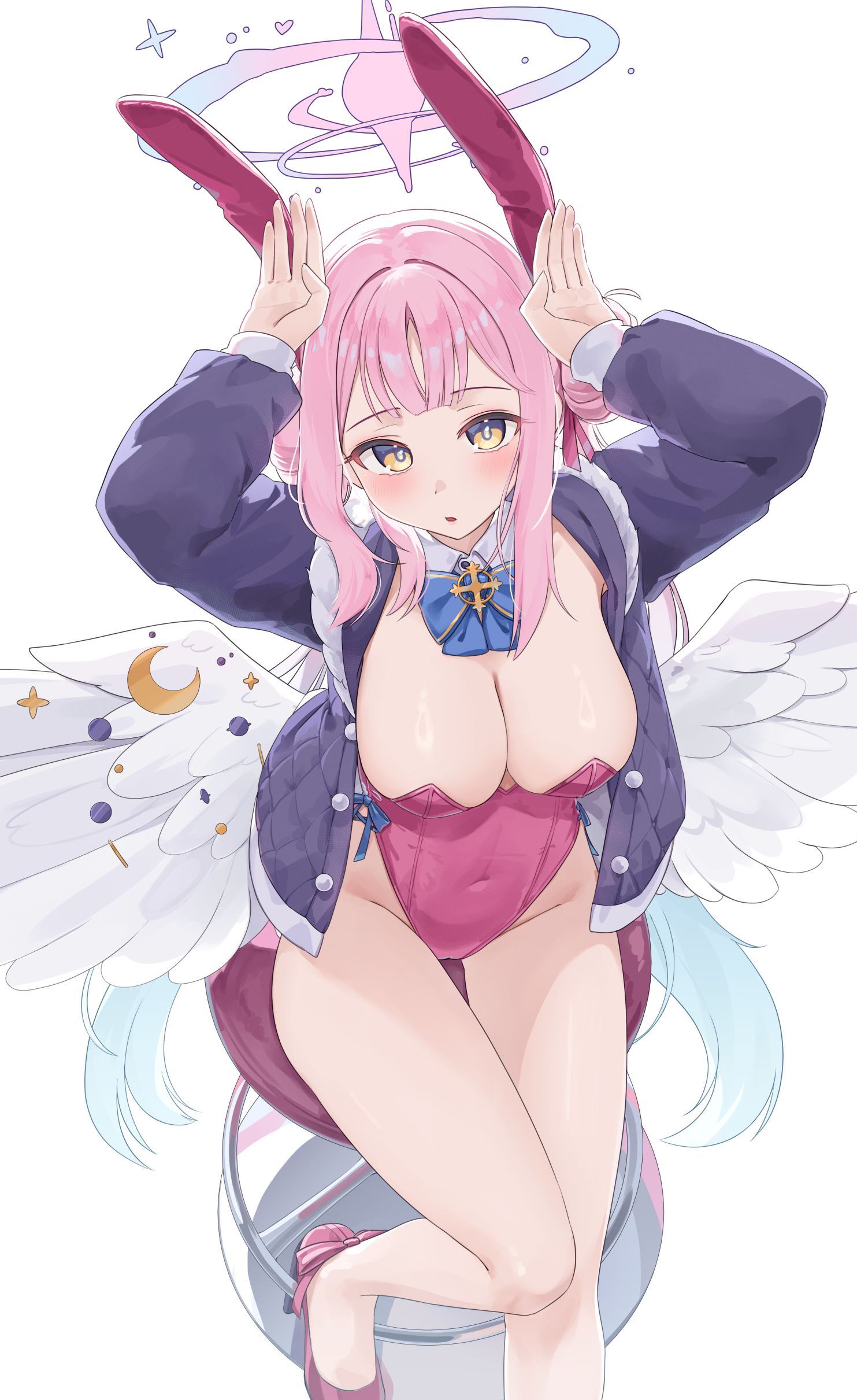 daran9, mika (blue archive), blue archive, absurdres, commentary, highres, 1girl, alternate costume, angel wings, animal ear hairband, animal ears, blush, breasts, cleavage, covered navel, detached collar, double bun, fake animal ears, feathered wings, from above, hair bun, hairband, halo, high heels, highleg, highleg leotard, jacket, large breasts, leotard, long hair, looking at viewer, low wings, open clothes, open jacket, pink hair, pink halo, pink leotard, playboy bunny, rabbit ear hairband, rabbit ears, rabbit pose, sitting, solo, stool, strapless, strapless leotard, thigh gap, thighs, white background, white wings, wings