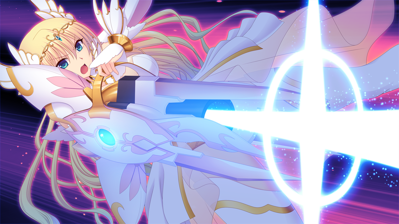 saitou natsuki, suhamaya, en ciel rena, en ciel rena (laelith), tomoe rena, kourin tenshi en ciel rena, game cg, large variant set, non-web source, official art, variant set, 1girl, aiming, aiming at viewer, armor, armored dress, blonde hair, blue eyes, breasts, bridal gauntlets, dress, dutch angle, energy cannon, glowing, gun, holding, holding cannon, holding weapon, jewelry, long hair, looking at viewer, magical girl, open mouth, solo, thighhighs, tiara, very long hair, weapon, white dress, white thighhighs