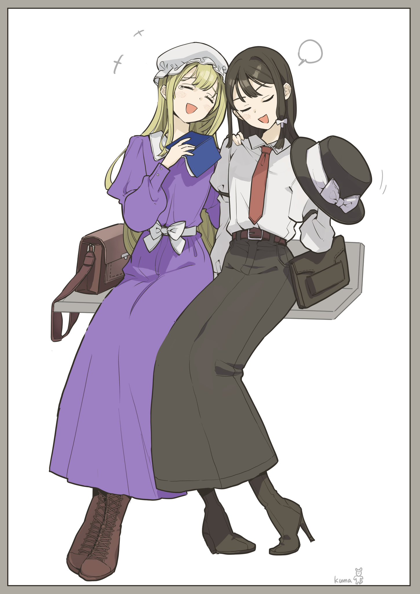 maribel hearn, usami renko, touhou, commentary request, highres, 2girls, :d, artist name, belt, blonde hair, book, boots, brown boots, brown hair, brown skirt, dress, full body, hand on another's shoulder, hat, high heel boots, high heels, holding, holding book, holding unworn clothes, holding unworn hat, kumateya, long hair, long sleeves, medium hair, mob cap, multiple girls, necktie, open book, open mouth, purple dress, red necktie, shirt, sitting, skirt, smile, unworn hat, unworn headwear, white background, white shirt