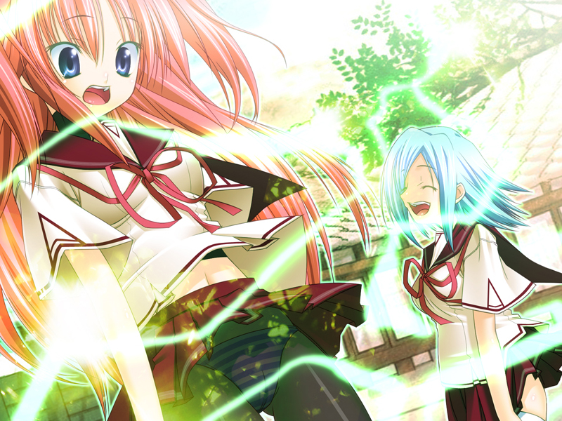 sadao, kouzuki ai, takanashi natsuki, hikaei!, stellar, game cg, 2girls, blue eyes, blue hair, lightning, long hair, midriff, multiple girls, navel, red hair, school uniform, short hair, upskirt