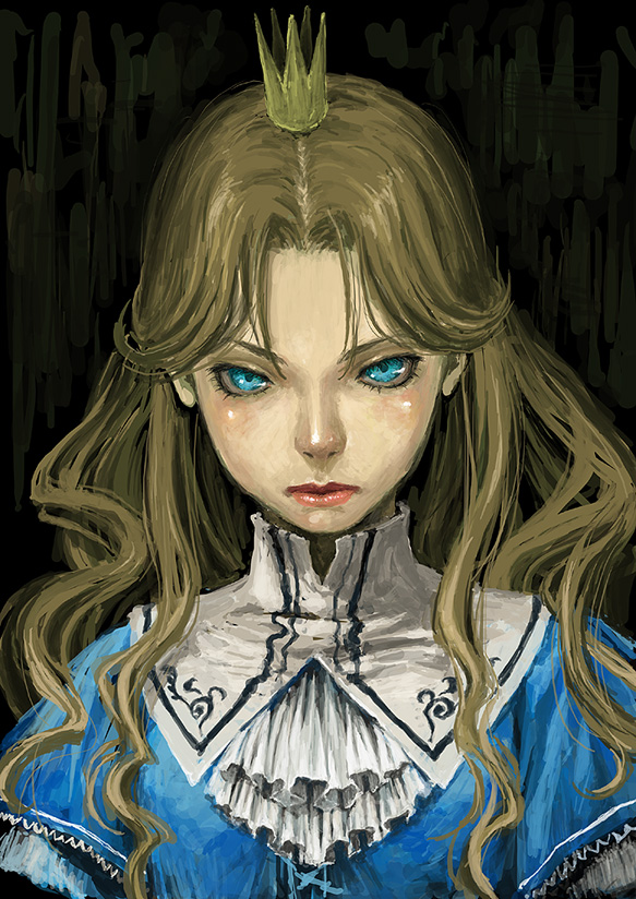 sugar bee, alice (alice in wonderland), alice's adventures in wonderland, original, bad id, bad pixiv id, 1girl, blonde hair, blue dress, blue eyes, collar, crown, dress, female focus, glaring, lips, long hair, portrait, pout, solo, staring, upper body, victorian