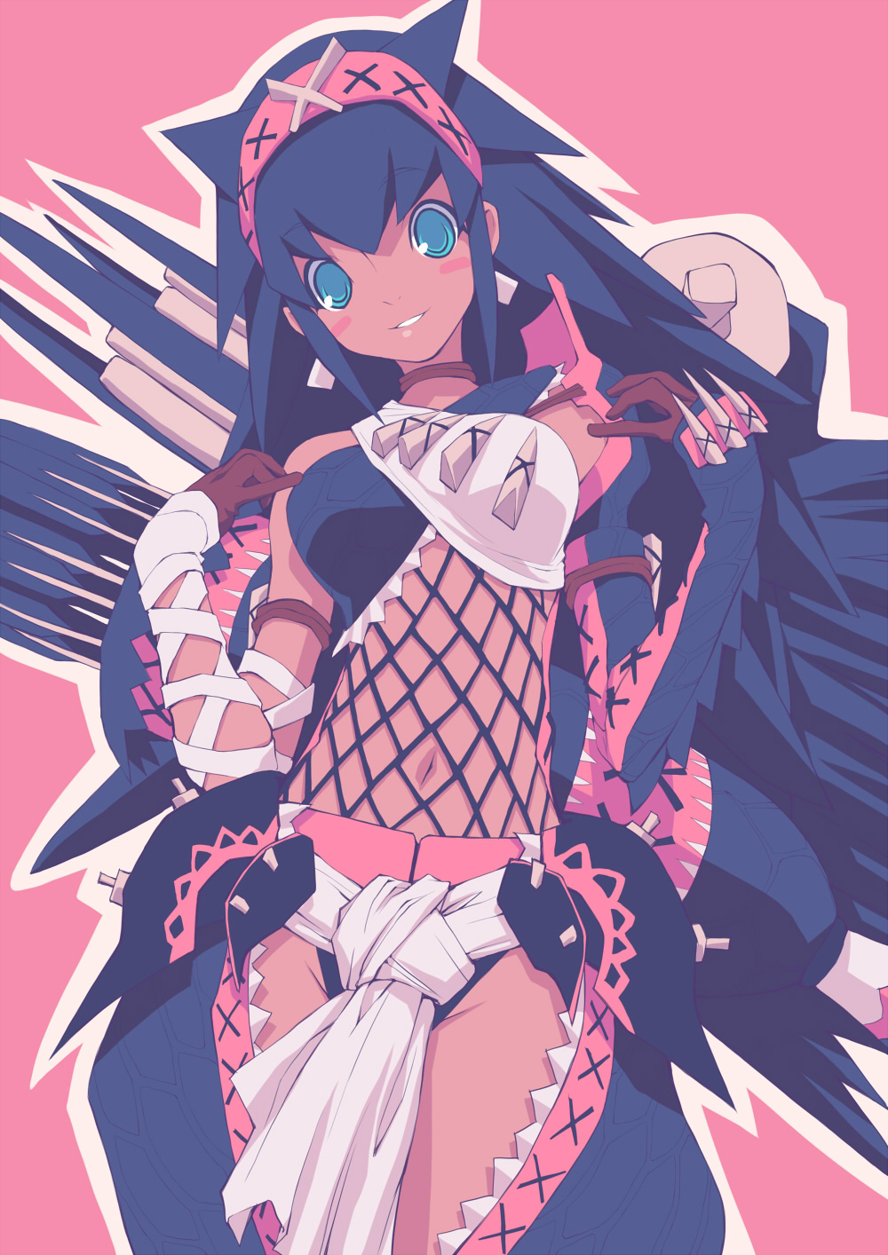 sugar bee, capcom, monster hunter (series), bad id, bad pixiv id, highres, blue eyes, blue hair, blush, dark-skinned female, dark skin, headband, long hair, nargacuga (armor), navel, simple background, smile, solo