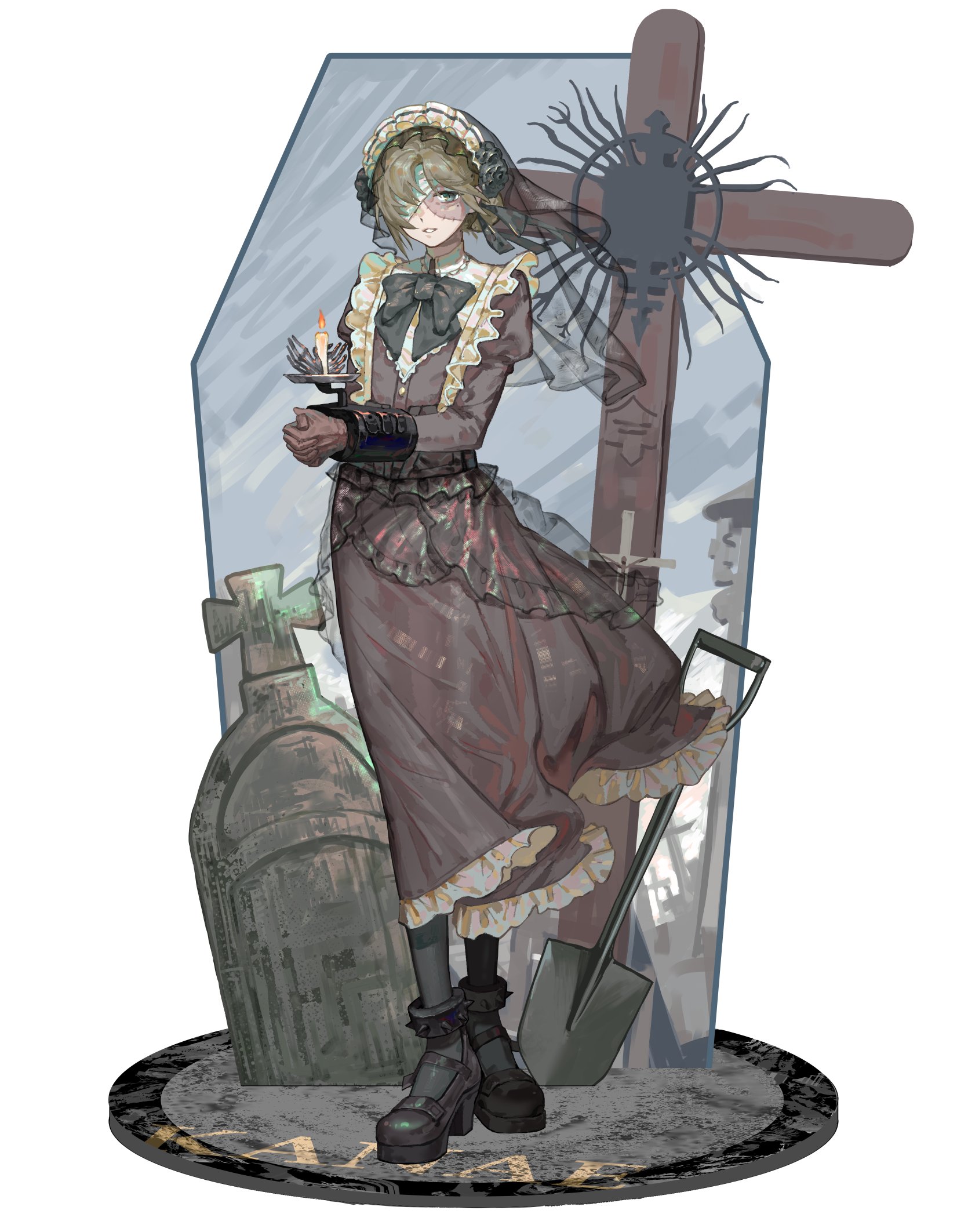 kanae (19th costume) (nijisanji), kanae (nijisanji), nijisanji, commentary, english commentary, highres, 1boy, aqua eyes, bandage over one eye, black dress, black gloves, black pantyhose, black shoes, bound, bound wrists, brown hair, bw sekai, candle, cross, crossdressing, crossdressing (mtf), dress, frilled dress, frills, full body, gloves, hair bun, juliet sleeves, long sleeves, looking at viewer, maid, maid headdress, male focus, male maid, official alternate costume, own hands together, pantyhose, puffy sleeves, see-through clothes, see-through veil, shoes, shovel, simple background, smile, solo, stitched face, stitches, tombstone, veil, virtual youtuber, white background