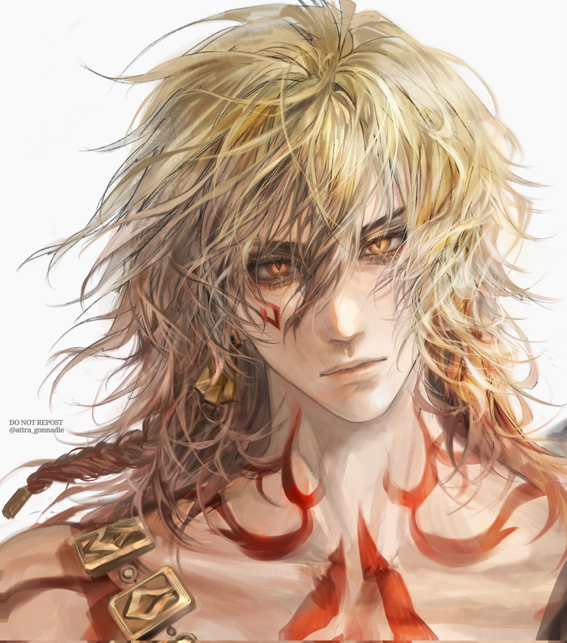 mydei (honkai: star rail), honkai: star rail, honkai (series), commentary, english commentary, highres, 1boy, attra gonnadie, blonde hair, braid, closed mouth, collarbone, gradient hair, jewelry, looking at viewer, male focus, messy hair, multicolored hair, necklace, portrait, red tattoo, side braid, simple background, single braid, solo, tattoo, white background, yellow eyes