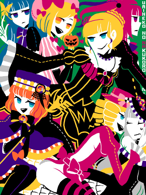 nora (petlico), beatrice (umineko), eva beatrice, frederica bernkastel, lambdadelta, ushiromiya ange, virgilia (umineko), umineko no naku koro ni, silver hair, 00s, 6+girls, blonde hair, blue eyes, blue hair, bow, breasts, bug, butterfly, closed eyes, dress, drill hair, frills, hair bobbles, hair bun, hair ornament, hat, insect, long hair, mini hat, mini top hat, multiple girls, orange hair, pink hat, pumpkin, red hair, short hair, sideboob, single hair bun, top hat