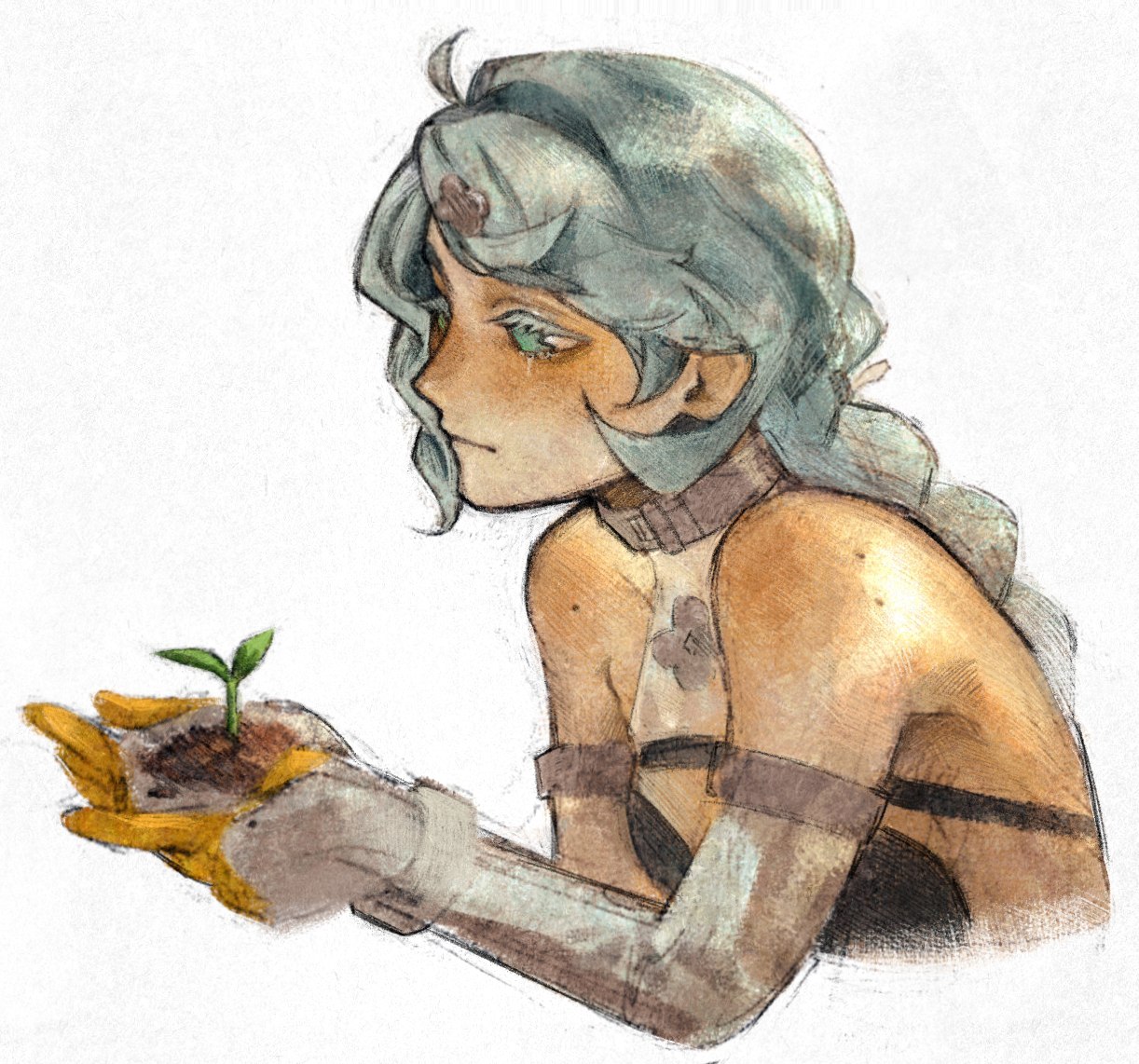 seed (zenless zone zero), zenless zone zero, hashtag-only commentary, 1girl, bare shoulders, blue eyes, blue hair, braid, braided ponytail, closed mouth, clothing cutout, cropped torso, detached sleeves, flower hairpin, from side, gloves, hair ornament, hairpin, holding, holding plant, long hair, mole, mole on shoulder, plant, qurravis, see-through dress layer, side cutout, simple background, solo, sprout, tears, upper body, white background, white gloves