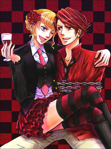 kaoru, beatrice (umineko), ushiromiya battler, umineko no naku koro ni, bad id, bad pixiv id, 00s, 1boy, 1girl, alcohol, bdsm, bondage, bound, chain, flower, formal clothes, frills, necktie, one eye closed, pink necktie, striped clothes, striped thighhighs, thighhighs, wine, wink