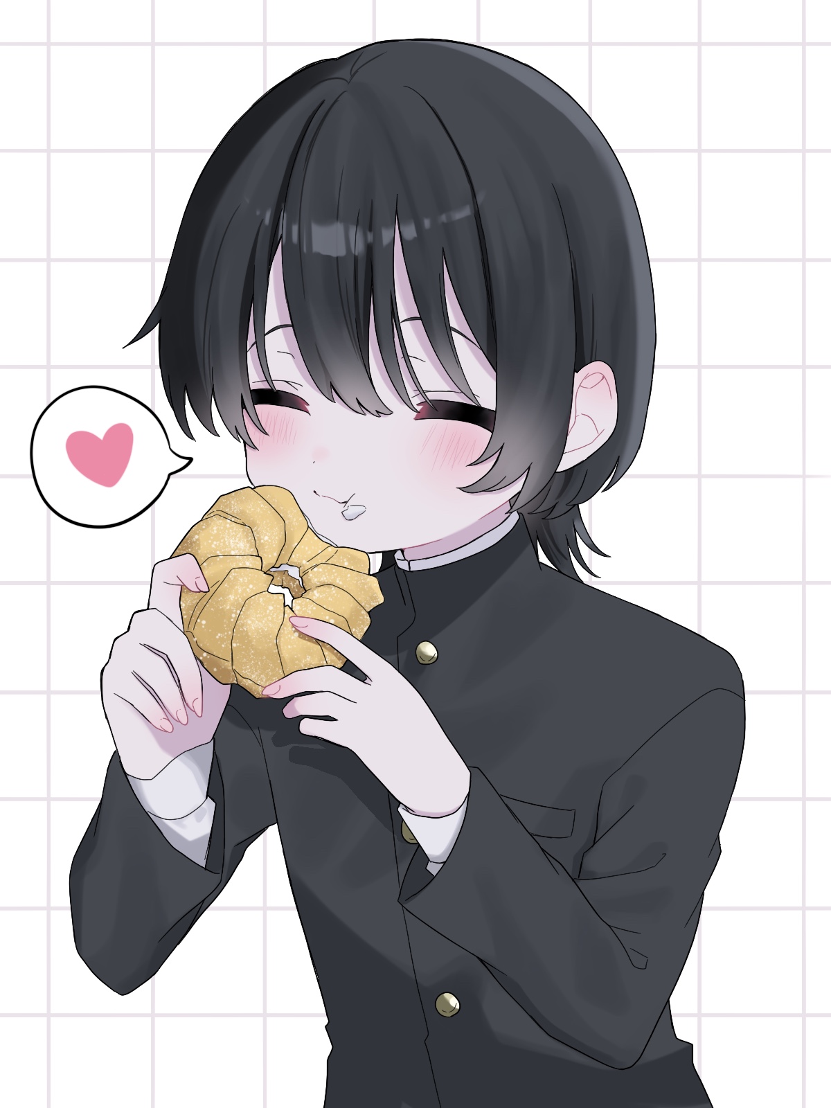 original, commentary request, highres, 1boy, bad anatomy, bad hands, black hair, blush, donut, eating, food, food on face, french cruller, gakuran, heart, male focus, nekomimi hotate, school uniform, short hair, solo, spoken heart, upper body, wolf cut