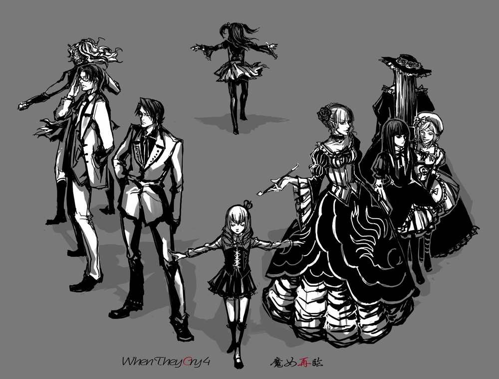 beatrice (umineko), frederica bernkastel, lambdadelta, ushiromiya ange, ushiromiya battler, ushiromiya jessica, ushiromiya maria, virgilia (umineko), umineko no naku koro ni, 00s, 2boys, 6+girls, from above, greyscale, hair bobbles, hair ornament, kiseru, monochrome, multiple boys, multiple girls, smoking pipe