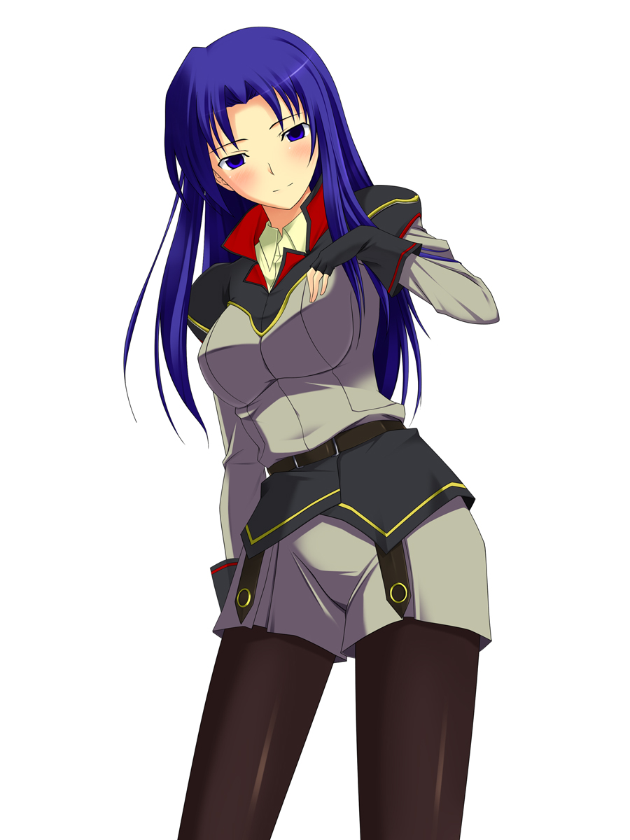 koikeya, niki taylor, gundam, gundam g generation, sd gundam, sd gundam g-generation, bad id, bad pixiv id, highres, md5 mismatch, 1girl, blue eyes, blue hair, blush, female focus, fingerless gloves, gloves, matching hair/eyes, military, military uniform, pantyhose, simple background, solo, white background