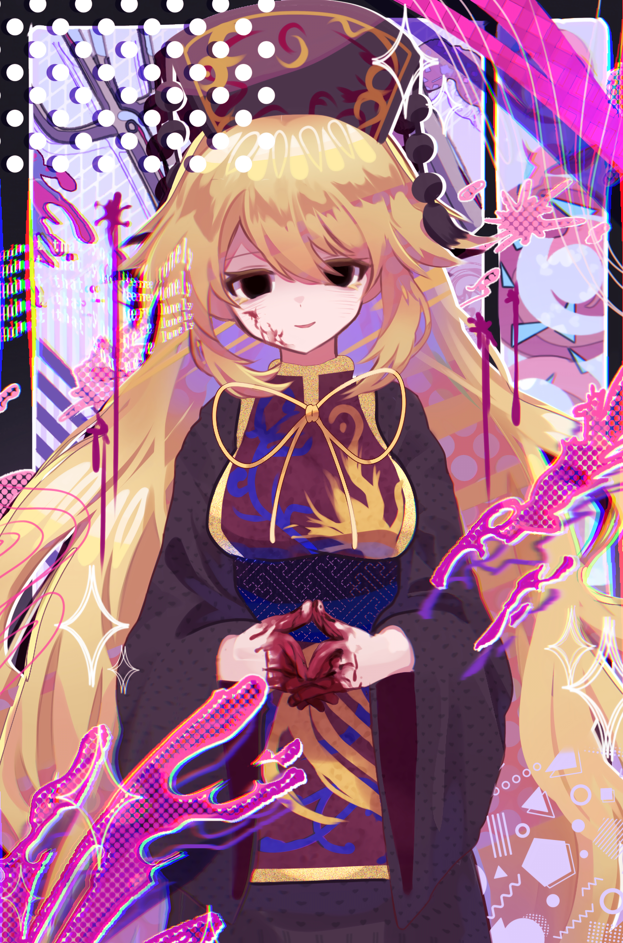 amadare rak, junko (touhou), touhou, absurdres, commentary request, highres, 1girl, black dress, blank eyes, blonde hair, blood, blood on face, blood on hands, chinese clothes, dalachi (headdress), dress, hair between eyes, long hair, long sleeves, looking at viewer, own hands together, parted lips, red tabard, smile, solo, tabard, very long hair