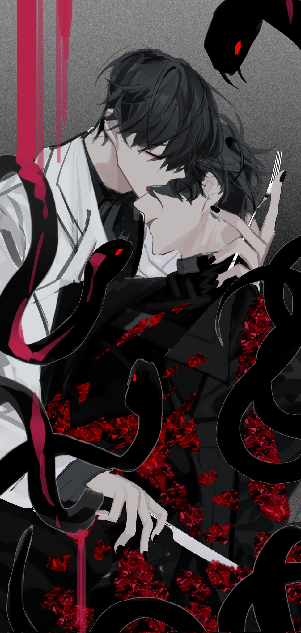 hayu beck, kim dokja, yoo joonghyuk, omniscient reader's viewpoint, commentary request, highres, korean commentary, 2boys, ambiguous red liquid, biting, black coat, black hair, black shirt, closed eyes, coat, flower, fork, holding, holding fork, holding knife, imminent cannibalism, knife, male focus, multiple boys, nose bite, parted lips, red eyes, red flower, red rose, rose, shirt, short hair, snake, too many snakes, white coat, yaoi