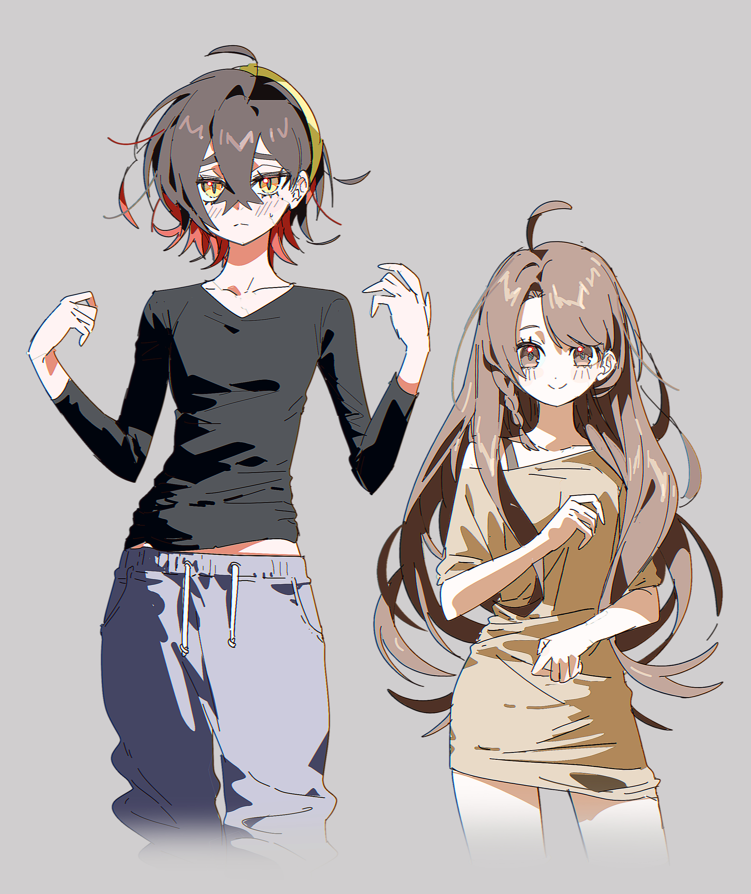 5oh5s2, carmine (pokemon), juliana (pokemon), nintendo, pokemon, pokemon sv, absurdres, commentary, highres, symbol-only commentary, 2girls, ahoge, alternate hair length, alternate hairstyle, black hair, blush, braid, brown eyes, brown hair, dress, grey background, hair between eyes, hairband, long hair, mole, mole under eye, multicolored hair, multiple girls, pants, red hair, shirt, smile, two-tone hair, yellow eyes, yellow hairband