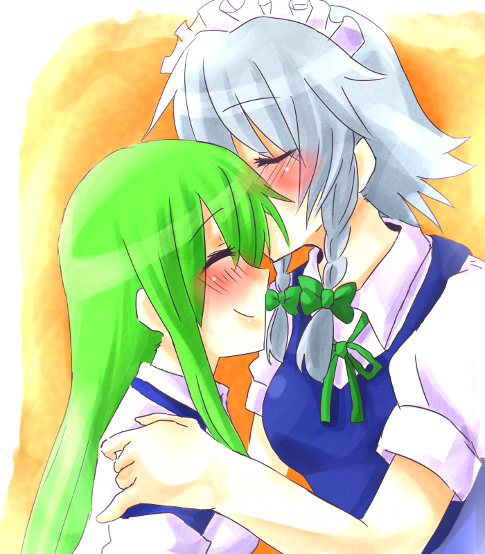 147, izayoi sakuya, kochiya sanae, touhou, silver hair, 2girls, blush, closed eyes, female focus, green hair, kiss, kissing forehead, multiple girls, ribbon, yuri