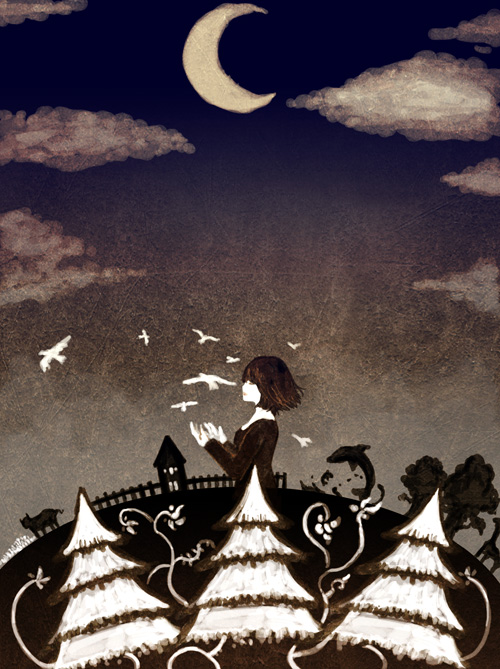 langewong, cloud, crescent moon, moon, night, night sky, sky, solo