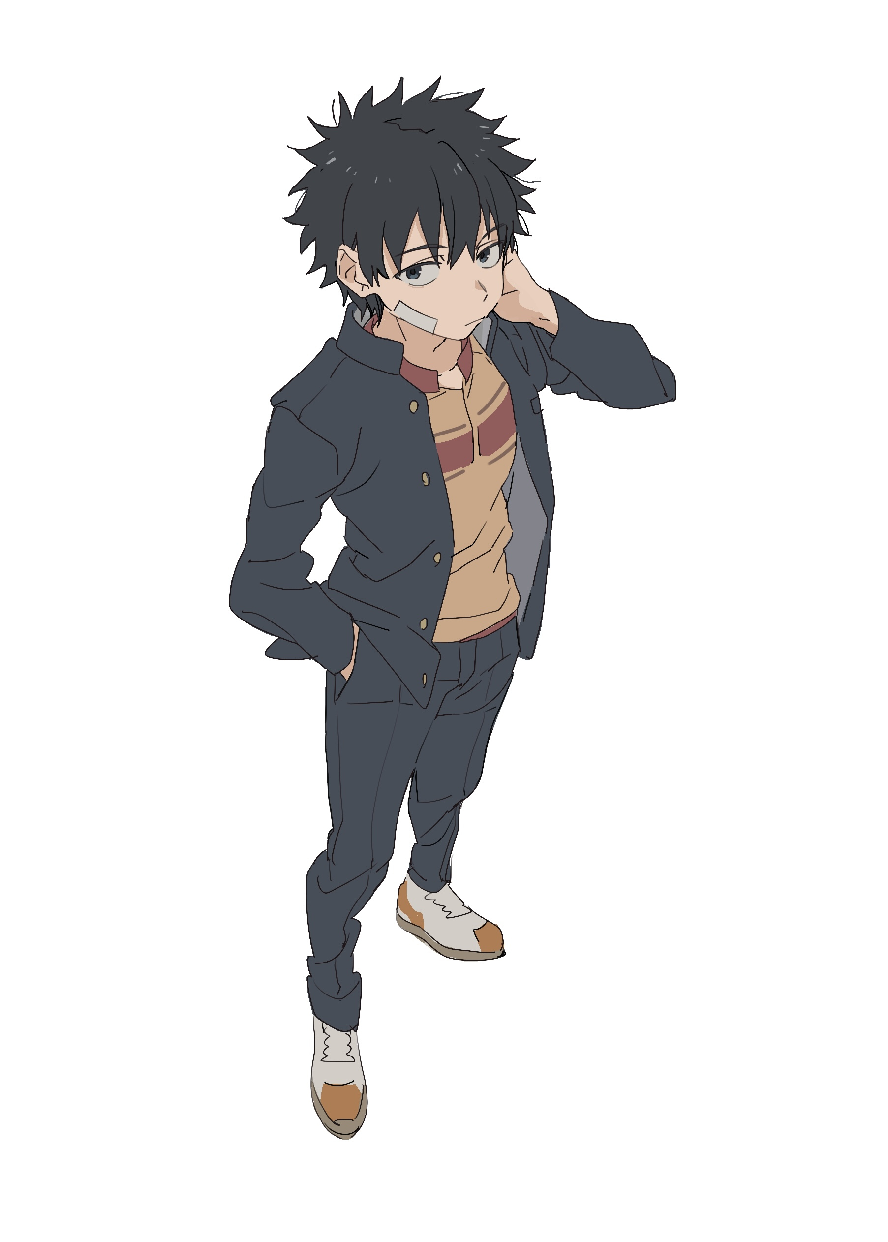if959u, kamijou touma, toaru majutsu no index, absurdres, commentary request, highres, 1boy, a certain high school uniform, black hair, black jacket, black pants, full body, gakuran, hand in pocket, jacket, long sleeves, male focus, open clothes, open jacket, orange shirt, pants, school uniform, shirt, shoes, short hair, simple background, sneakers, solo, spiked hair, standing, white background, white shoes, winter uniform