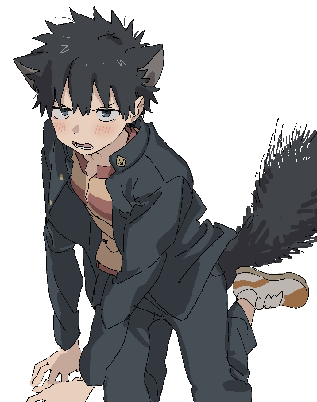 if959u, kamijou touma, toaru majutsu no index, commentary request, highres, 1boy, a certain high school uniform, animal ears, black hair, black jacket, black pants, gakuran, jacket, long sleeves, male focus, open clothes, open jacket, orange shirt, pants, school uniform, shirt, shoes, short hair, simple background, sitting, sneakers, solo, spiked hair, tail, white background, white shoes, winter uniform