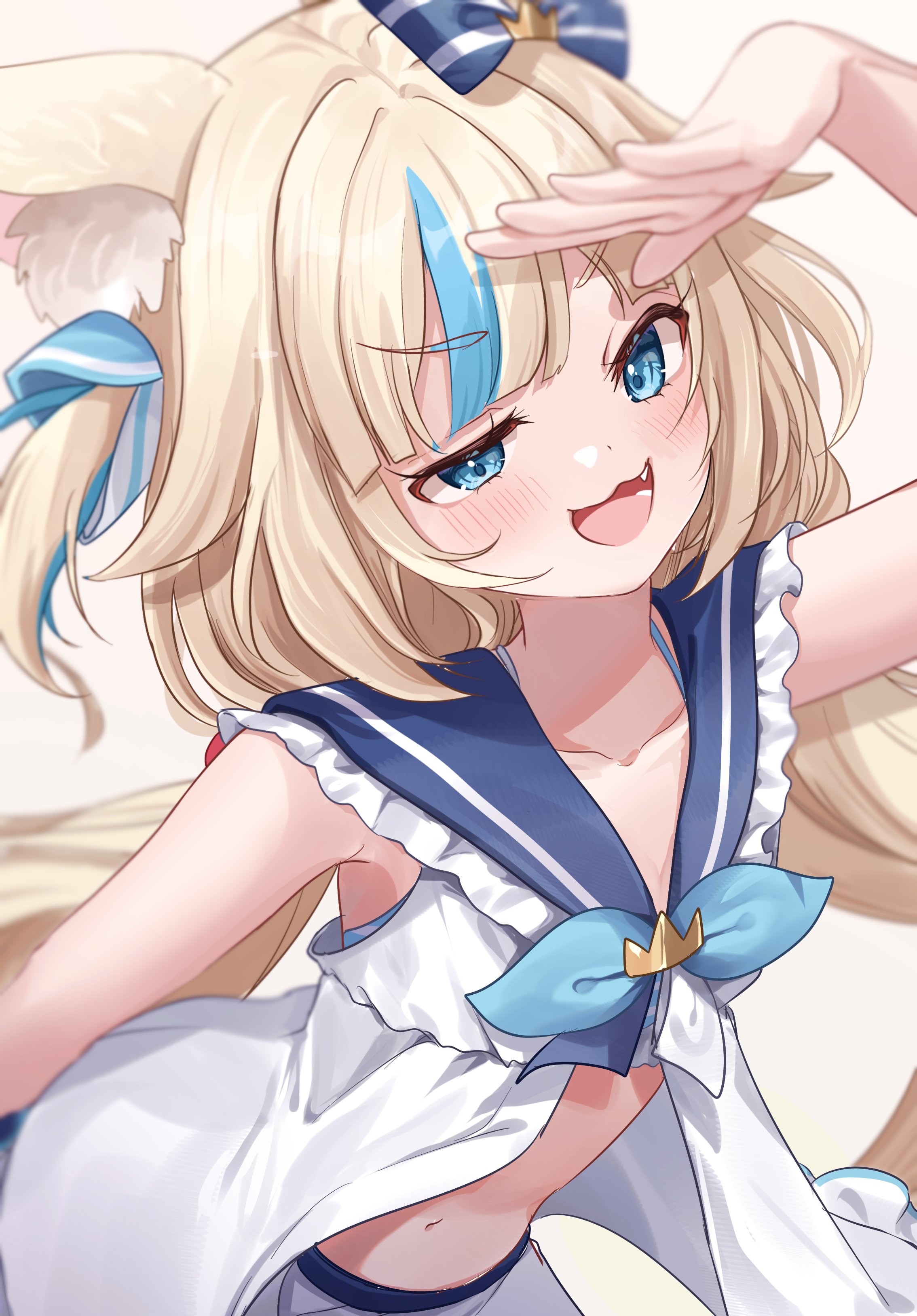 shagaihi, sameko saba, sameko saba (1st costume), indie virtual youtuber, absurdres, highres, 1girl, animal ear fluff, animal ears, arm up, blonde hair, blue bow, blue streaks, blush, bow, cat ears, hair bow, long hair, looking at viewer, low twintails, multicolored hair, one side up, open mouth, shorts, smile, solo, streaked hair, twintails, very long hair, virtual youtuber, white shorts