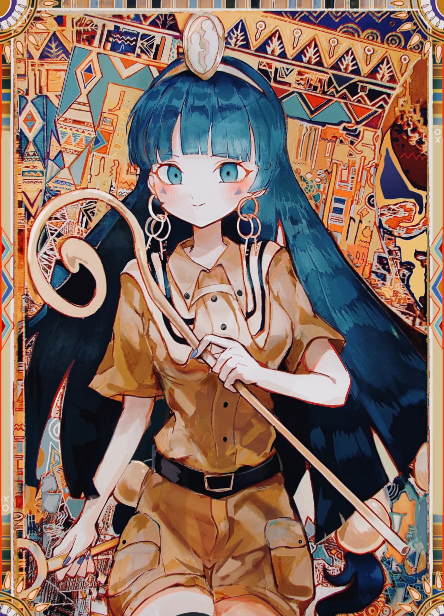 comkdom, michigami nareko, touhou, commentary, highres, 1girl, blue eyes, blue hair, blue nails, blunt bangs, blush, brown shirt, brown shorts, closed mouth, earrings, holding, holding scepter, jewelry, looking at viewer, mark under both eyes, nail polish, scepter, shirt, short sleeves, shorts, smile, solo, tiara