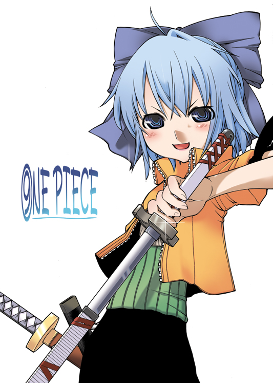 nakayama katsumi, cirno, roronoa zoro, one piece, touhou, 1girl, blue eyes, blue hair, bow, circled 9, cosplay, enies lobby, female focus, haramaki, katana, matching hair/eyes, open mouth, parody, roronoa zoro (cosplay), sheath, short hair, simple background, solo, sword, unsheathing, weapon, white background