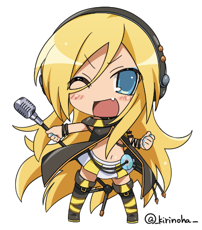 kirinoha, lily (vocaloid), vocaloid, commentary, lowres, 1girl, black boots, black coat, blonde hair, blue eyes, blue nails, blush stickers, boots, chibi, chibi only, coat, fang, headphones, holding, holding microphone stand, long hair, looking at viewer, microphone, microphone stand, open mouth, pleated skirt, signature, simple background, skirt, solo, twitter username, very long hair, white background, white skirt, yellow trim