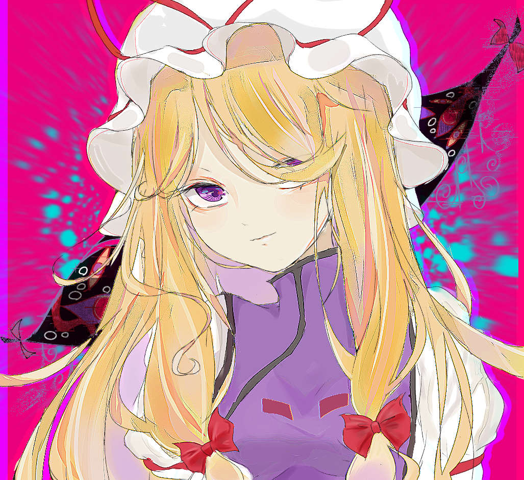 comkdom, yakumo yukari, touhou, commentary request, 1girl, blonde hair, closed mouth, dress, gap (touhou), hair ribbon, hat, light smile, long hair, long sidelocks, looking at viewer, mob cap, one eye covered, pink background, purple eyes, purple tabard, ribbon, sidelocks, solo, tabard, upper body, white dress