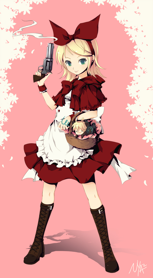 clover4th, nyanya, kagamine len, kagamine rin, little red riding hood (fairy tale character), little red riding hood (fairy tale), vocaloid, bad id, bad pixiv id, 1girl, apron, basket, blonde hair, boots, capelet, cosplay, explosive, female focus, finger on trigger, frills, green eyes, grenade, gun, hair ribbon, handgun, holding, holding gun, holding weapon, hood, knee boots, lace-up boots, little red riding hood (fairy tale character) (cosplay), revolver, ribbon, short hair, siblings, skirt, smile, smoke, solo, standing, twins, weapon, x x