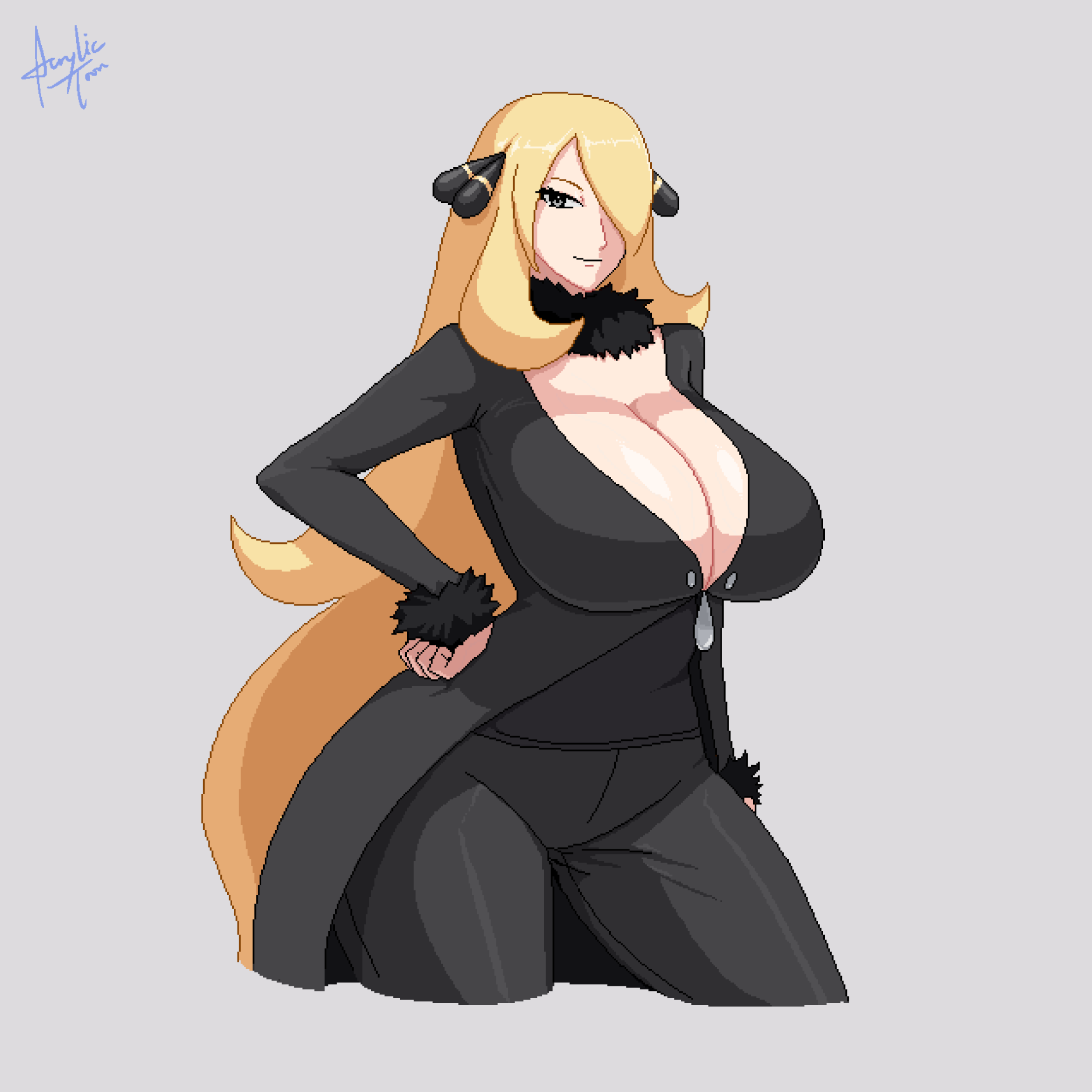 acrylictoon, cynthia (pokemon), nintendo, pokemon, highres, 1girl, arm behind back, artist name, black eyes, blonde hair, breasts, cleavage, closed mouth, hair over one eye, hand on own hip, huge breasts, legs, long hair, looking at viewer, pixel art, smile, solo, thick thighs, thighs