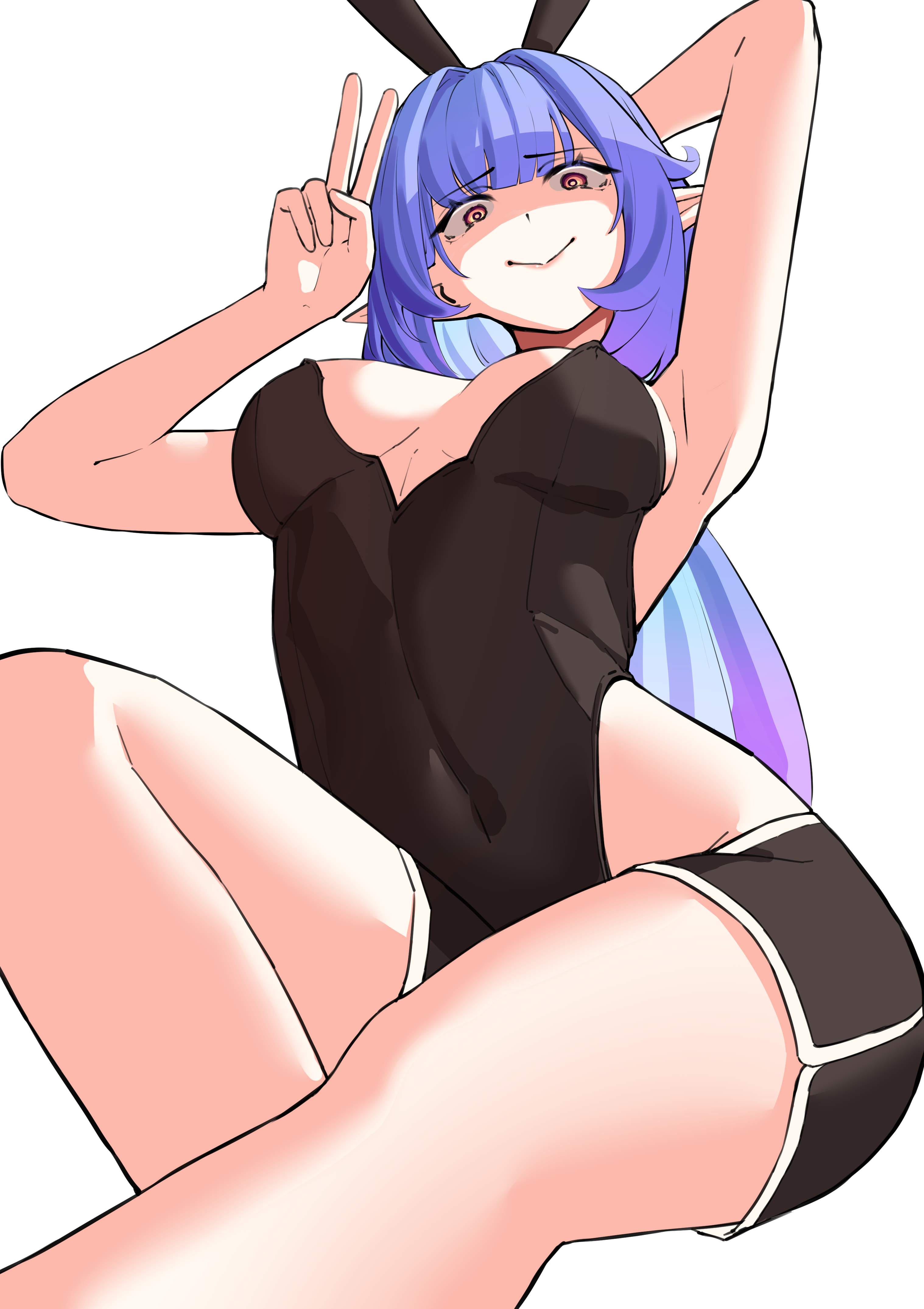 pyeong il, elysia (honkai impact), herrscher of corruption, honkai (series), honkai impact 3rd, absurdres, commentary request, highres, korean commentary, 1girl, black leotard, black shorts, blue hair, breasts, dolphin shorts, large breasts, leotard, long hair, looking at viewer, nervous smile, orange eyes, partially shaded face, shorts, simple background, smile, solo, v, very long hair, white background