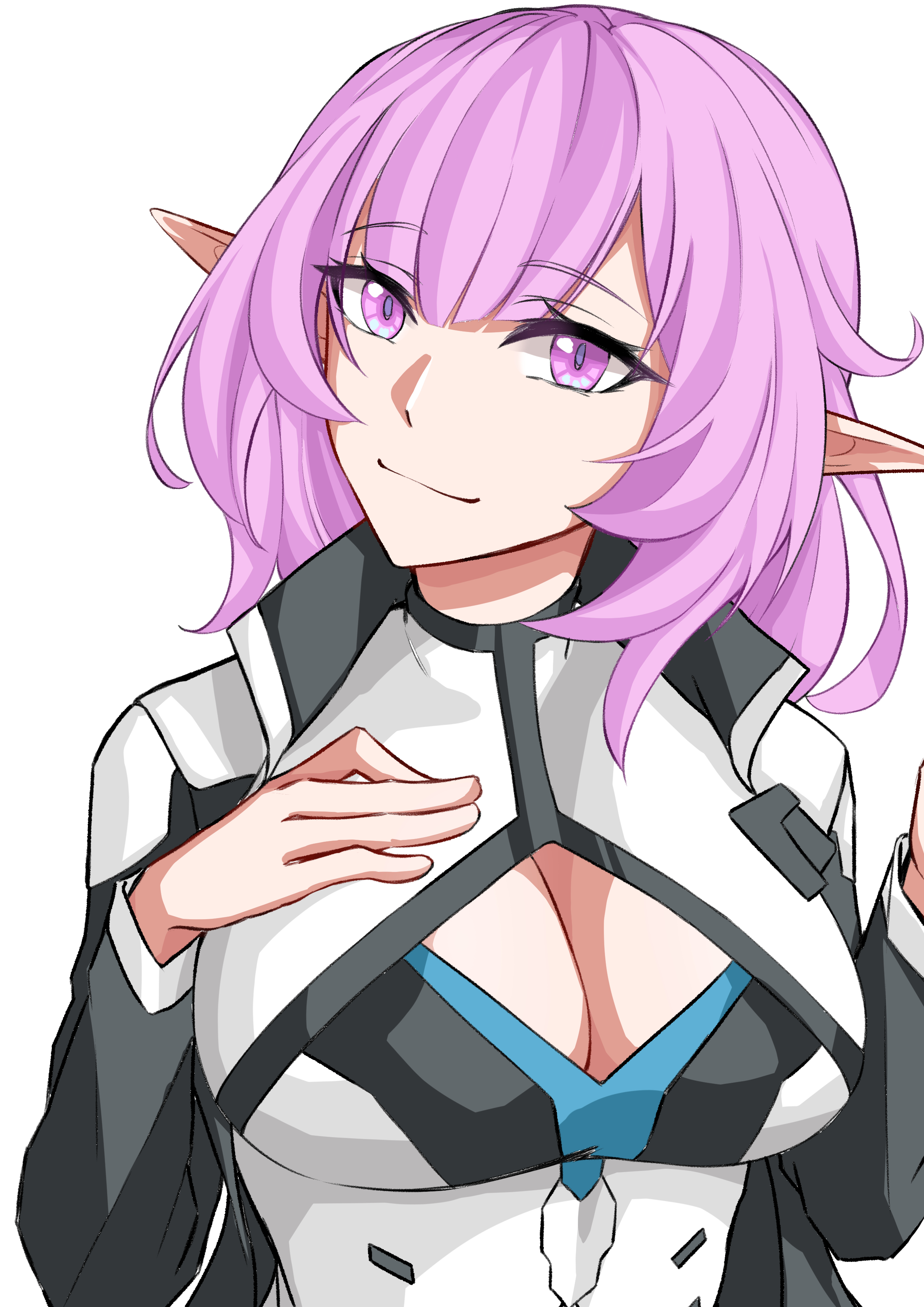 pyeong il, elysia (honkai impact), kevin kaslana, honkai (series), honkai impact 3rd, absurdres, commentary request, highres, korean commentary, 1girl, black coat, breasts, cleavage, coat, cosplay, elf, kevin kaslana (cosplay), large breasts, long hair, looking at viewer, pink eyes, pink hair, pointy ears, shirt, simple background, smile, solo, upper body, white background, white shirt