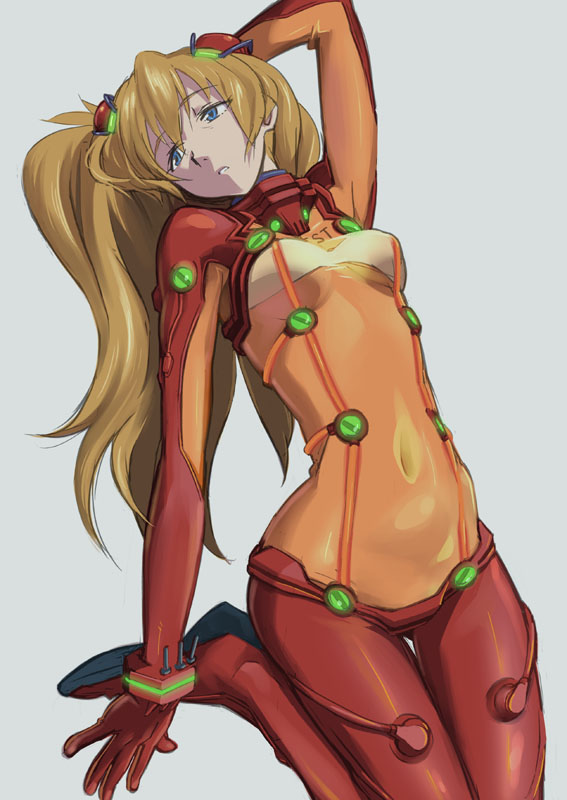 choobackers32, souryuu asuka langley, evangelion: 2.0 you can (not) advance, neon genesis evangelion, rebuild of evangelion, 00s, 1girl, blonde hair, blue eyes, bodysuit, curvy, female focus, mecha pilot suit, plugsuit (evangelion), simple background, solo, test plugsuit (evangelion), twintails