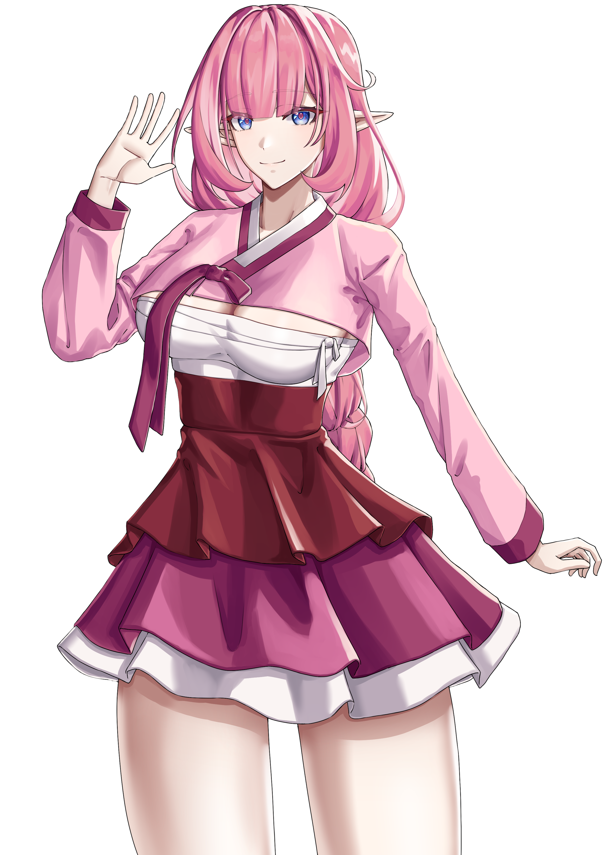 pyeong il, elysia (honkai impact), honkai (series), honkai impact 3rd, absurdres, commentary request, highres, korean commentary, mixed-language commentary, 1girl, alternate costume, blue eyes, breasts, cowboy shot, dress, hanbok, korean clothes, large breasts, looking at viewer, pink dress, pink hair, red dress, simple background, smile, solo, thighs, two-tone dress, white background