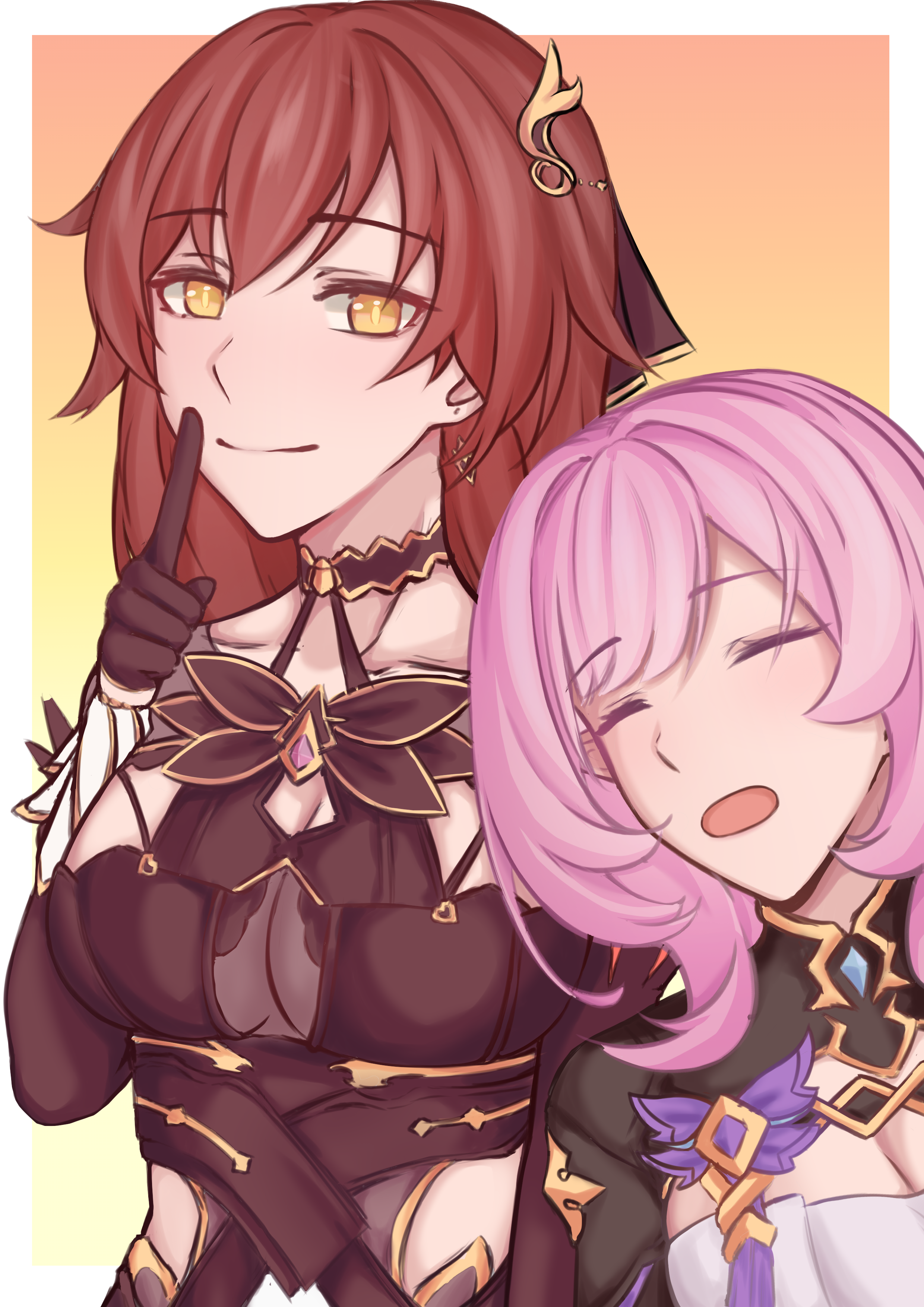 pyeong il, eden (honkai impact), elysia (honkai impact), elysia (miss pink elf) (honkai impact), honkai (series), honkai impact 3rd, absurdres, commentary request, highres, korean commentary, black dress, black gloves, breasts, brown hair, cleavage, closed eyes, corset, dress, finger to mouth, gloves, head on another's shoulder, large breasts, long hair, looking at viewer, open clothes, orange background, pink hair, shushing, simple background, sleeping, very long hair, white corset, yellow background