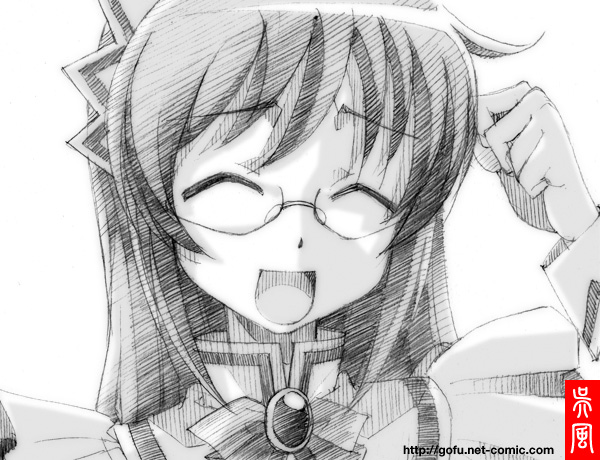 gofu, kijima saki, hayate no gotoku!, traditional media, 00s, 1girl, closed eyes, female focus, glasses, greyscale, hairband, maid, monochrome, open mouth, sketch, solo, spot color, white background