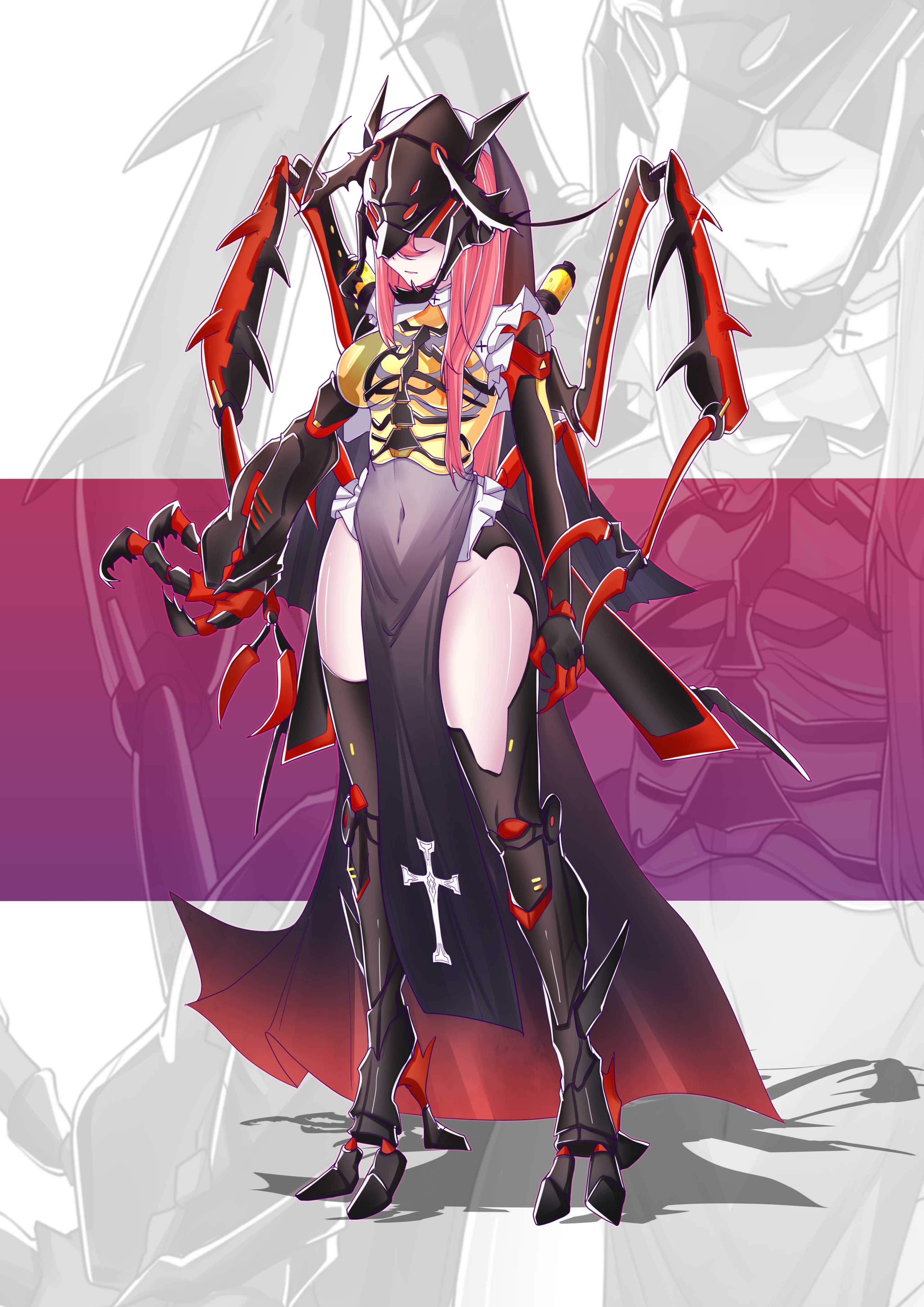 original, absurdres, commentary, commission, english commentary, highres, second-party source, 1girl, arthropod girl, asymmetrical arms, asymmetrical clothes, asymmetrical legwear, black veil, claws, cyborg, extra arms, frills, full body, genkyopainting, long hair, mecha musume, nun, pelvic curtain, pink hair, science fiction, see-through body, showgirl skirt, solo, standing, veil, zoom layer
